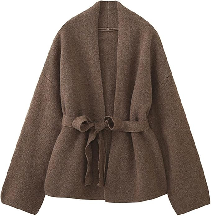 HOULENGS Women's Casual V Neck Belted Cardigan Sweater Open Front Long Sleeve Knit Sweater Coat | Amazon (US)