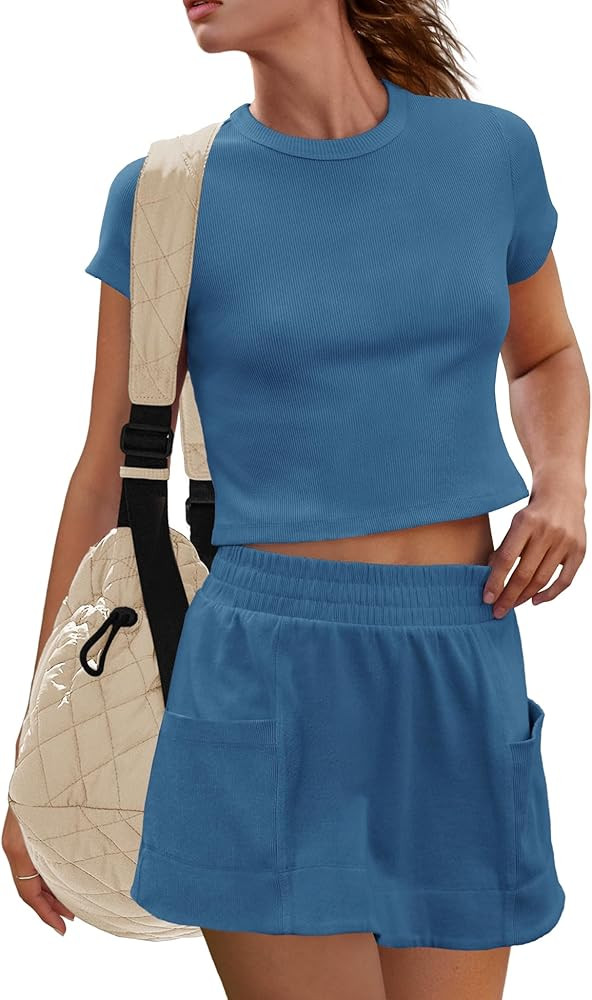 Panadila Womens Skort Sets 2 Piece Outfits Ribbed Short Sleeve Tops and Skirt with Shorts Underne... | Amazon (US)