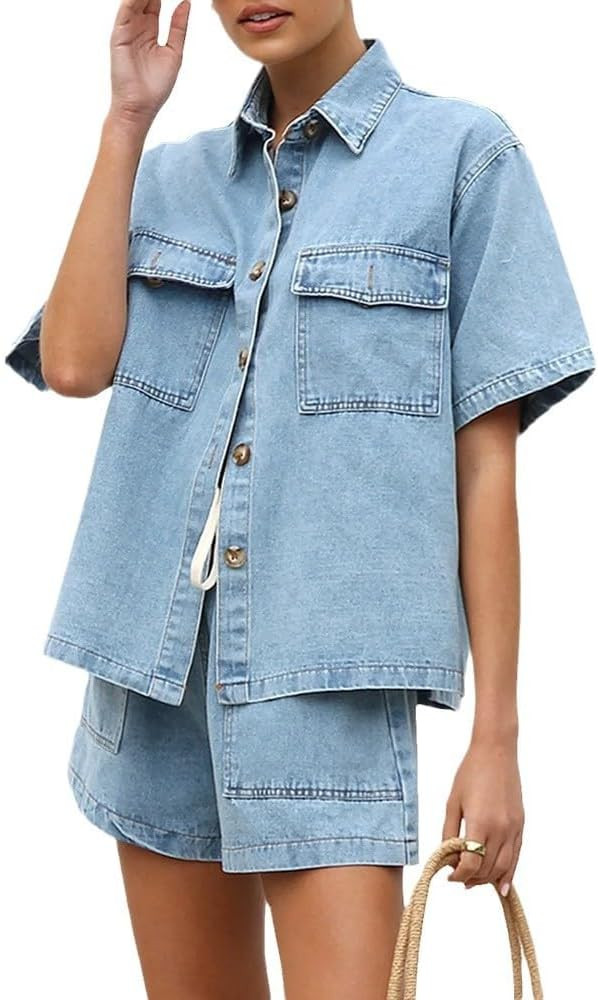 Molilove Women Denim 2 Piece Outfits Short Sleeve Button Down Jean Jacket Top Drawstring Shorts D... | Amazon (US)