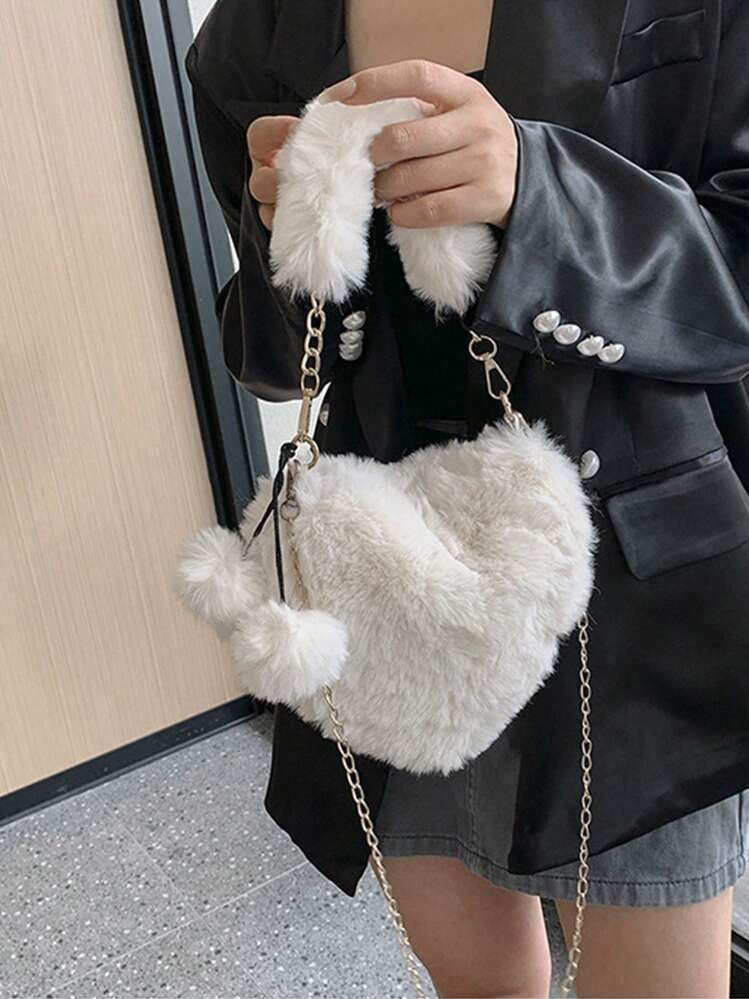 Furry Purse For Girls Heart Shaped Fluffy Fluffy Handbag For Women Soft Small Shoulder Bag Clutch Purse, Trendy Heart Purse, Perfectly Match With Valentine Day Dress | SHEIN
