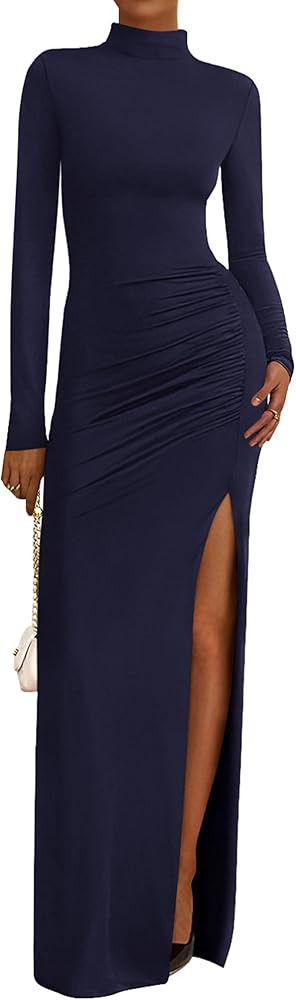 BTFBM Women's Formal Dresses 2025 Fall Long Sleeve Mock Neck Ruched Bodycon Slit Maxi Wedding Gue... | Amazon (US)