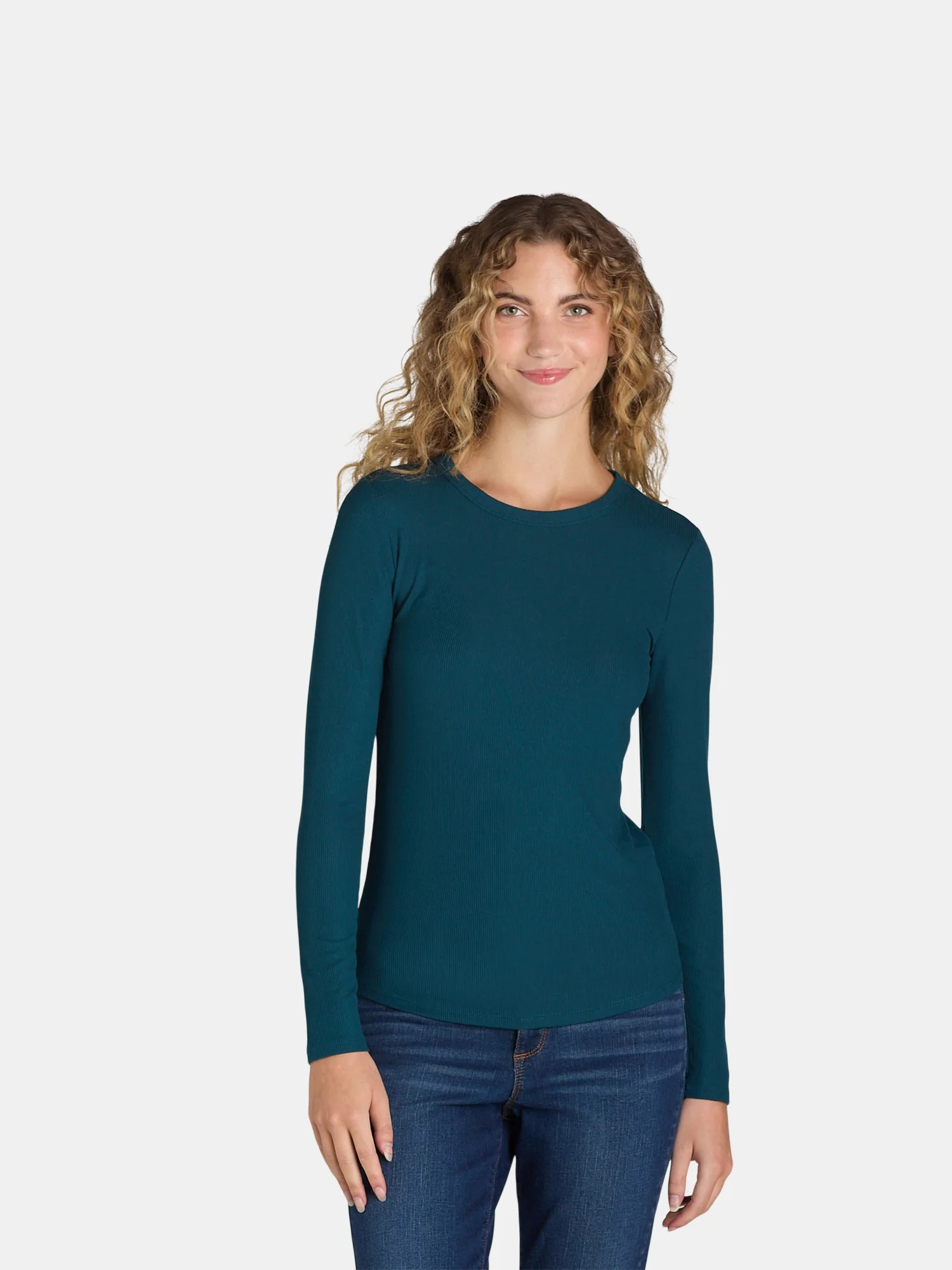No Boundaries Ribbed Crewneck Tee with Long Sleeves, 1 or 2-Pack, Women's - Walmart.com | Walmart (US)