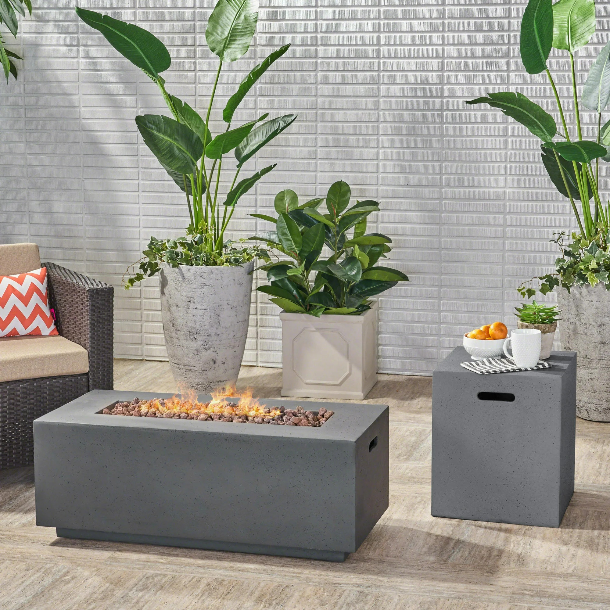 Alison Outdoor 40" Light Weight Concrete Rectangle Gas Burning Fire Pit with Tank Holder, Dark Gr... | Walmart (US)