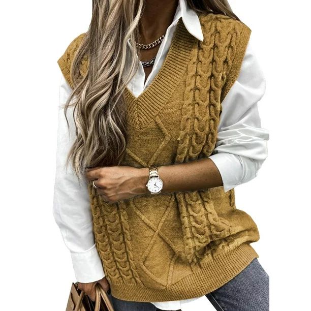Dearlove Women's Oversized Solid Color Sweater Vest Casual V Neck Loose Sleeveless Cable Knit Top... | Walmart (US)