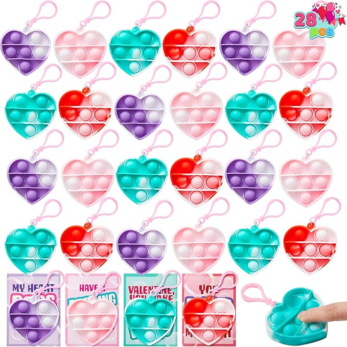 JOYIN 28 Packs Valentines Day Gift Cards with Pop Bubble Fidget Toys Heart Keychain, Stress Relie... | Amazon (US)