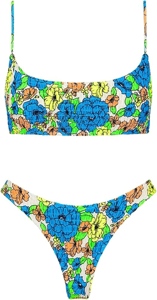 VOLAFA Women's Triangle Bikini Set Smocked Textured Scoop Frilled Print Ruched Elastic Swimsuit T... | Amazon (US)