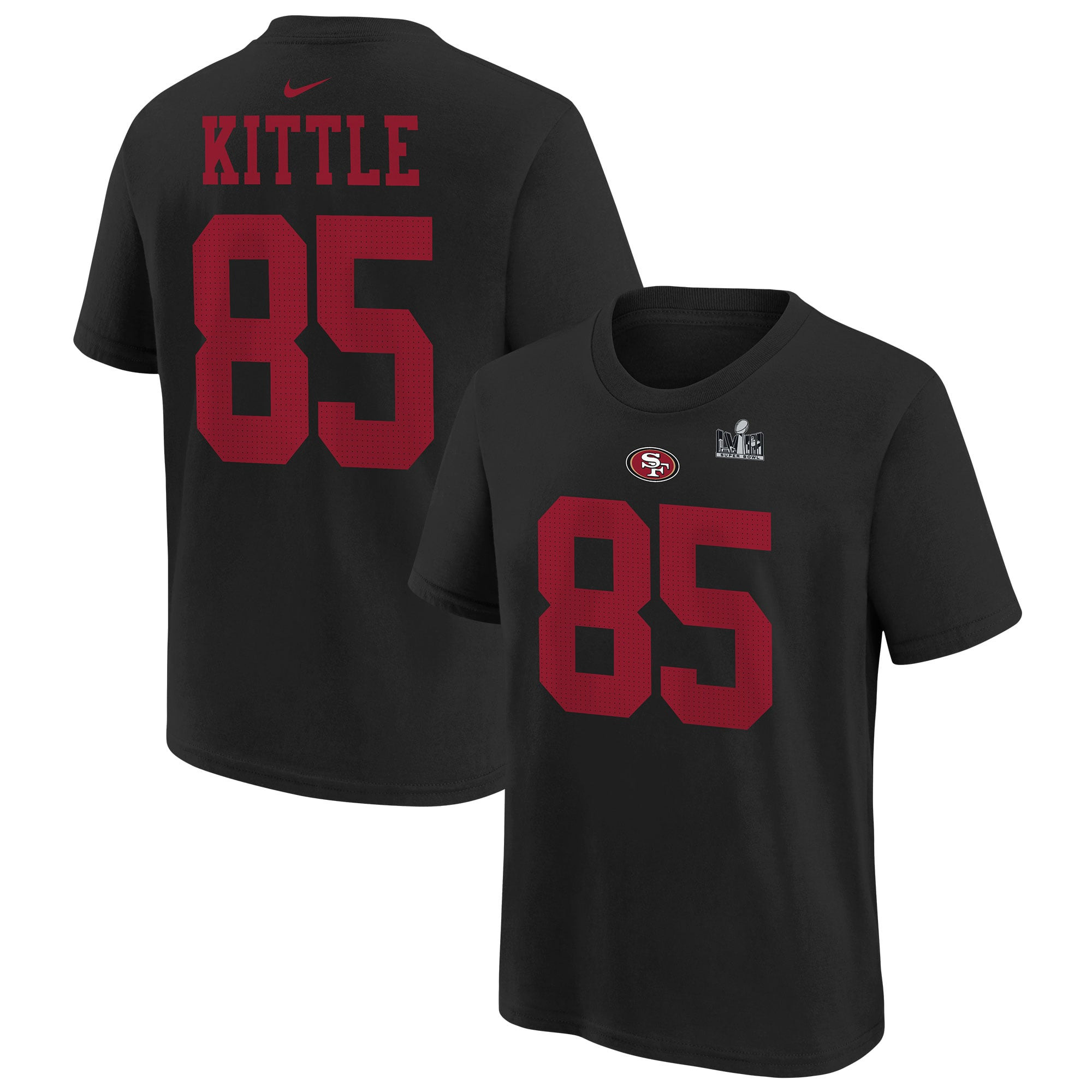 Youth San Francisco 49ers George Kittle Nike Black Super Bowl LVIII Player Name & Number T-Shirt | NFL Shop