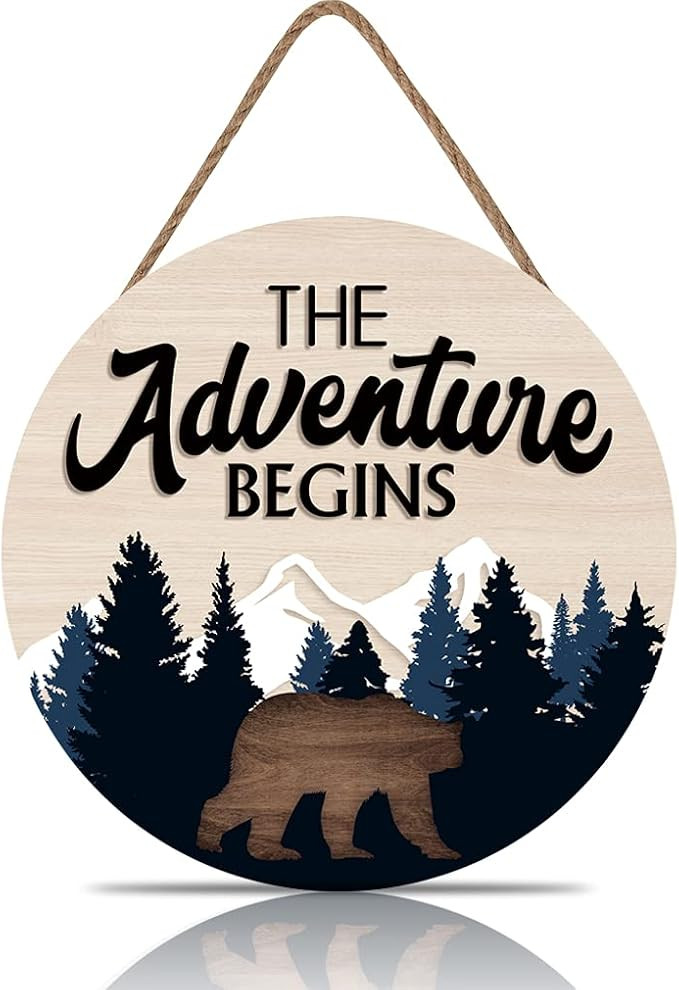The Adventure Begins Wooden Hanging Sign,Woodland Nursery Decor,Bear Mountain Inspirational Quote... | Amazon (US)