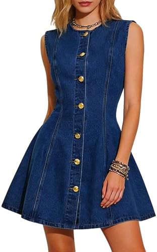 Women Denim Dress Jean Sleeveless Button Down Mini Tank Casual Babydoll Dresses with Pocket Weste... | Amazon (US)