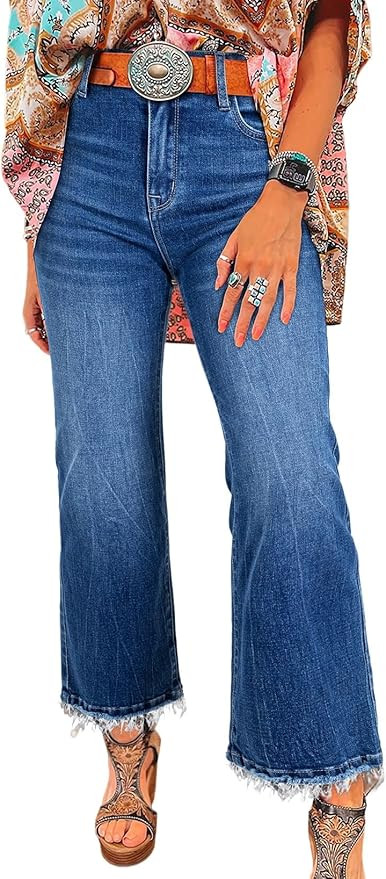 Astylish Womens High Waisted Jeans Stretchy Flared Straight Leg Loose Trendy Raw Hem Denim Pants | Amazon (US)