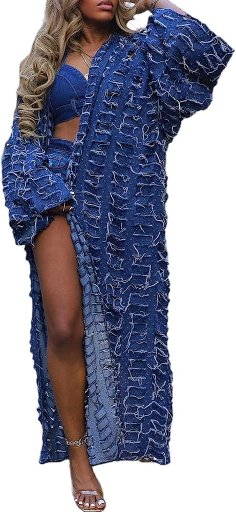 NRTHYE Women's Ripped Oversized Jean Kimono Robe Cardigan Hollow Long Sleeve Open Front Long Deni... | Amazon (US)