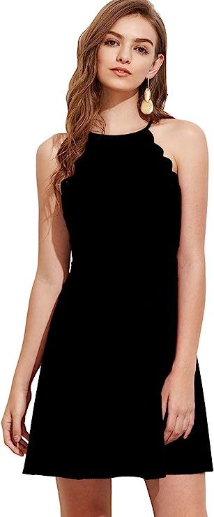 Romwe Women's Sweet Scallop Sleeveless Flared Swing Pleated A-line Skater Dress | Amazon (US)