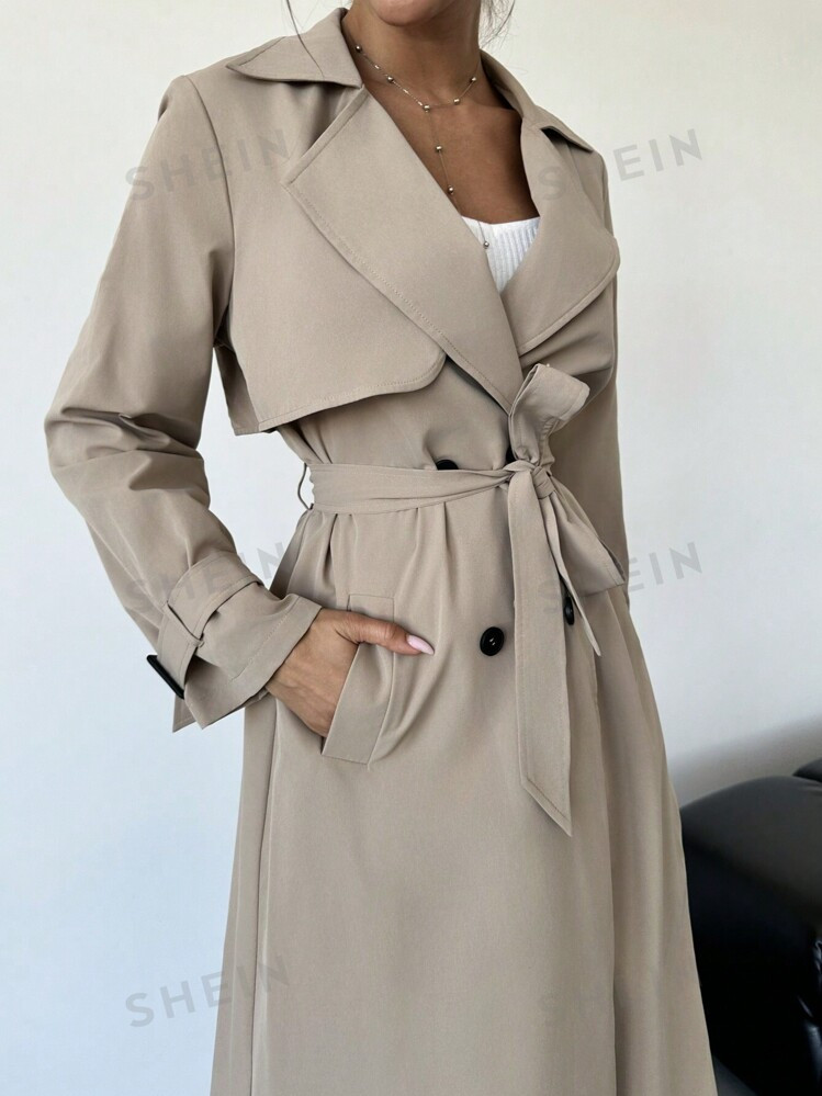 SHEIN Privé Elegant Waist Cinched A-Line Long Sleeve Trench Coat, Autumn/Winter | SHEIN