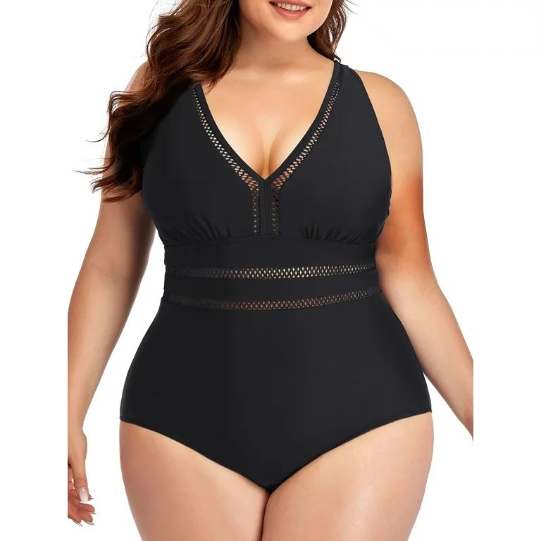 Chama Plus Size One Piece V-neck Swimsuit for Women Hollow Out Bathing Suits Tummy Control Swimwe... | Walmart (US)