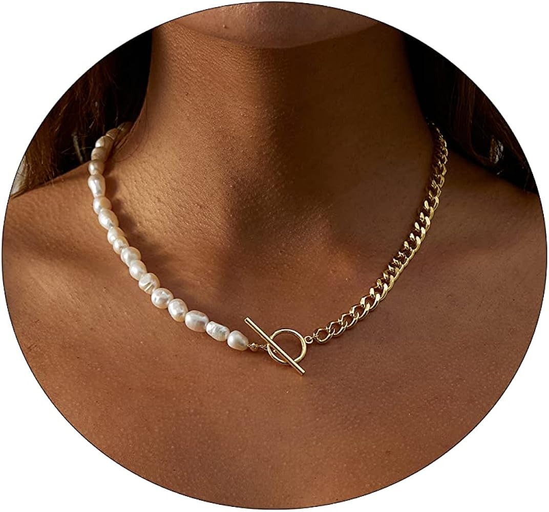 VIROMY Chunky Gold Toggle Necklace 18K Gold Plated Pearl Vintage Paper Clip Link Chain Shining Tw... | Amazon (US)