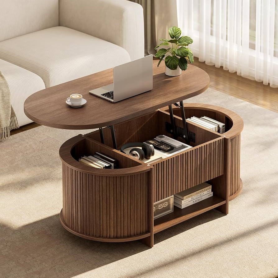 Sikaic Fluted Lift Top Coffee Table with Storage, Mid Century Modern Oval Coffee Tables with Open... | Amazon (US)