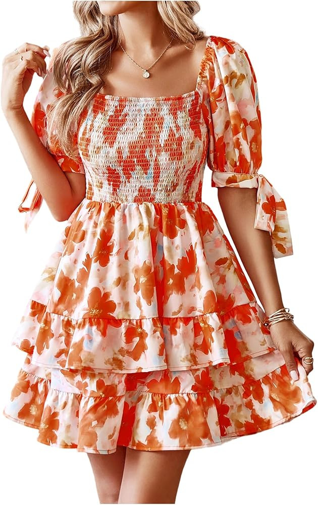 Floerns Women's Floral Print Puff Sleeve Square Neck Tiered Layer Shirred Dresses | Amazon (US)