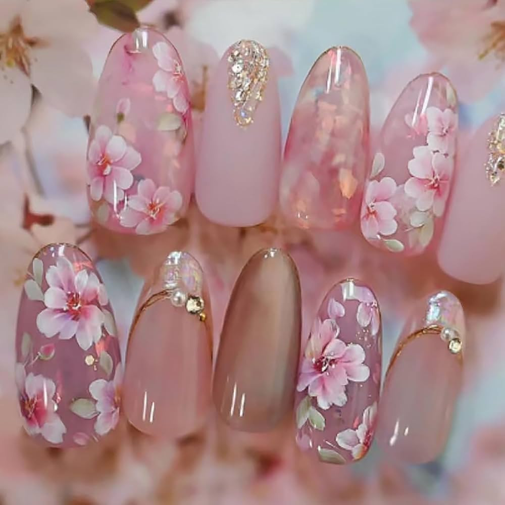 24Pcs Pink Flower Press on Nails Medium Almond Fake Nails 3D Pearl Rhinestones Peach Blossom with... | Amazon (US)