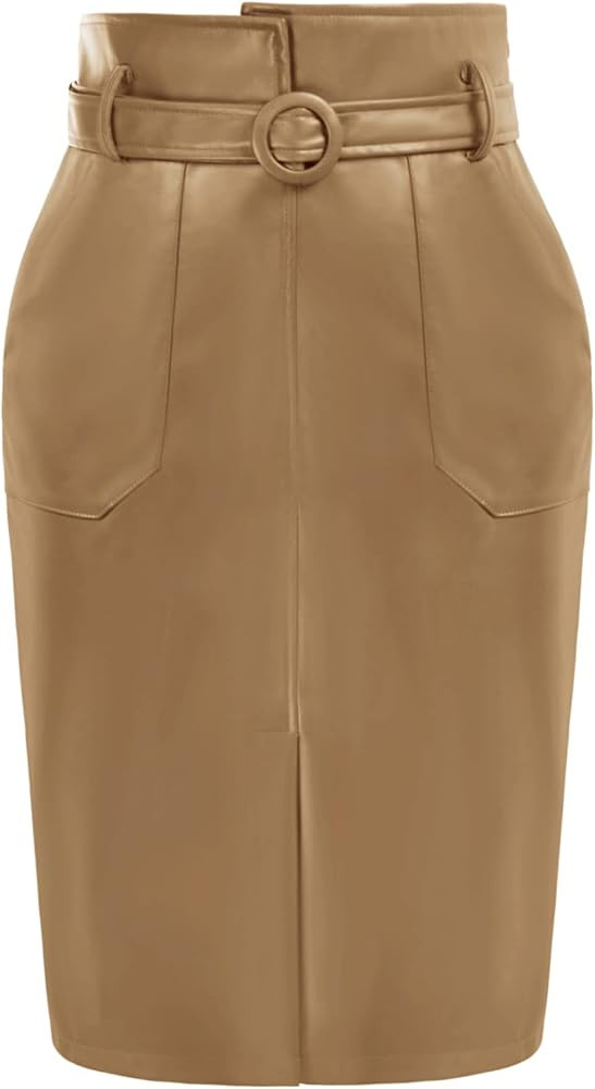 Belle Poque Leather Skirts with Belt Pocket High Waisted Front Slit Pencil Skirt | Amazon (US)
