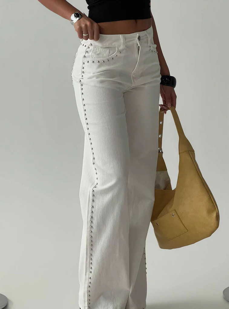 Saving Up Mid Rise Straight Leg Studded Jeans White | Princess Polly US