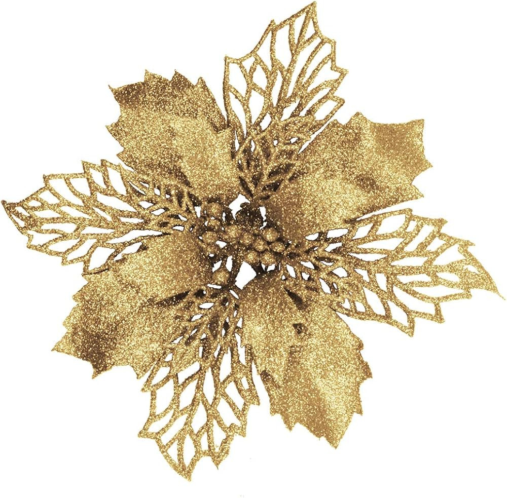 24 Pcs Christmas Gold Glittered Mesh Holly Leaf Artificial Poinsettia Flowers Picks Tree Ornament... | Amazon (US)