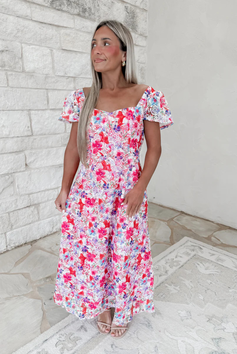 Evening Glow Short Sleeve Floral Lace Midi Dress | CK Squared Boutique