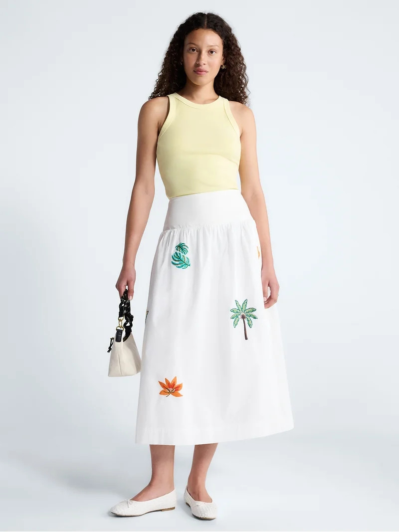 Free Assembly Women's and Women's Plus Embroidered Cotton Maxi Skirt with Drop Waist, Sizes XS-4X | Walmart (US)