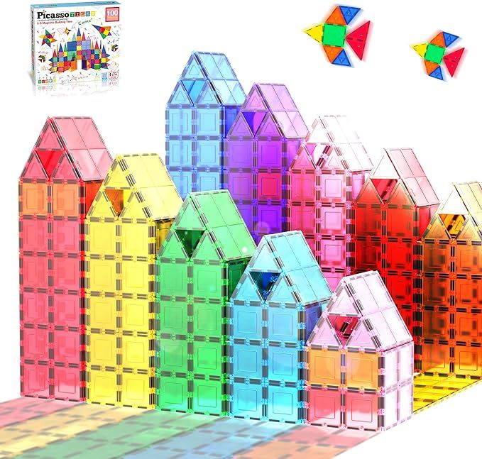 PicassoTiles 100 Piece Set 100pcs Magnet Building Tiles Clear Magnetic 3D Blocks Construction Pla... | Amazon (US)