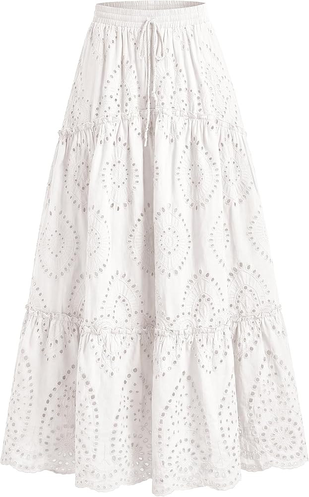 BTFBM Long Skirts for Women Summer 2026 Boho Lace Embroidery High Waist Flowy Tiered Spring Maxi ... | Amazon (US)