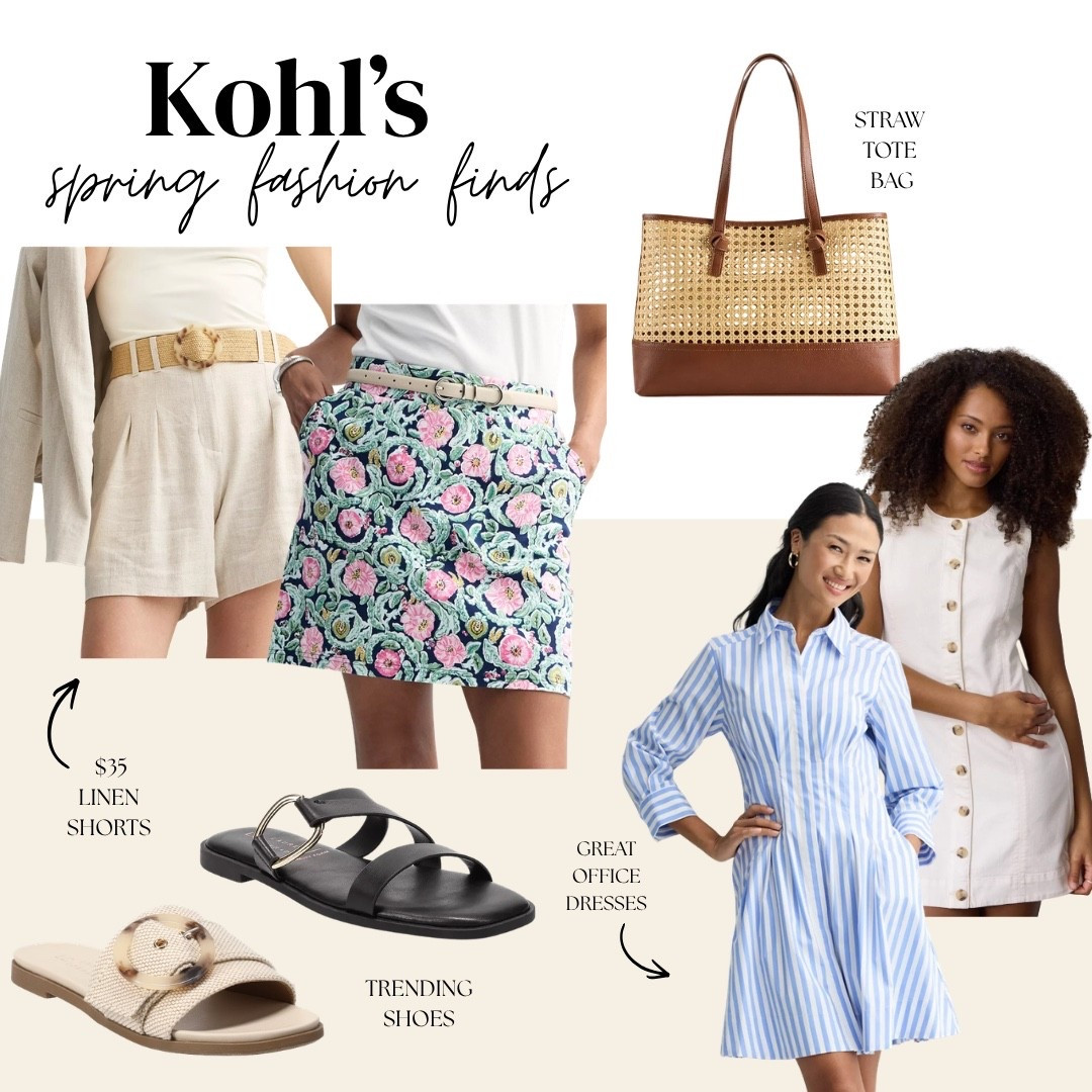 @Kohl's spring fashion finds that are seriously delivering this season — and every piece is worth clicking on 🌸✨ $35 linen shorts with raffia belt, navy floral print skort, blue stripe shirt dress, white linen button front dress, a gorgeous rattan tote bag, cream woven buckle slide, and black leather multi-strap sandal — polished, versatile, and so much more than the price suggests. Everything is linked!