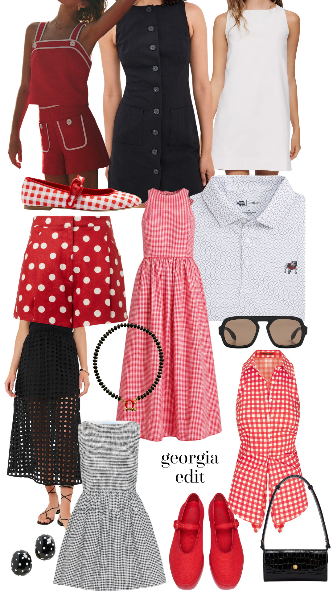 georgia game day edit! red, black, gingham, polka dots, and plenty of pieces that still feel cute enough to wear long after football season. i love the red mini dresses for tailgates, the black eyelet skirt for a dressier look, and the gingham pieces for something classic but still fun. add a red flat, black bag, or statement sunglasses and you’re ready for athens. go dawgs!  

 #LTKootd #LTKSeasonal #LTKU