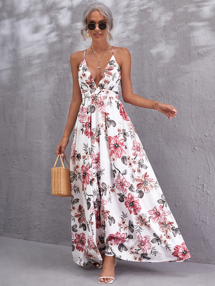 SHEIN Floral Plunging Neck Crisscross Backless Cami Dress | SHEIN