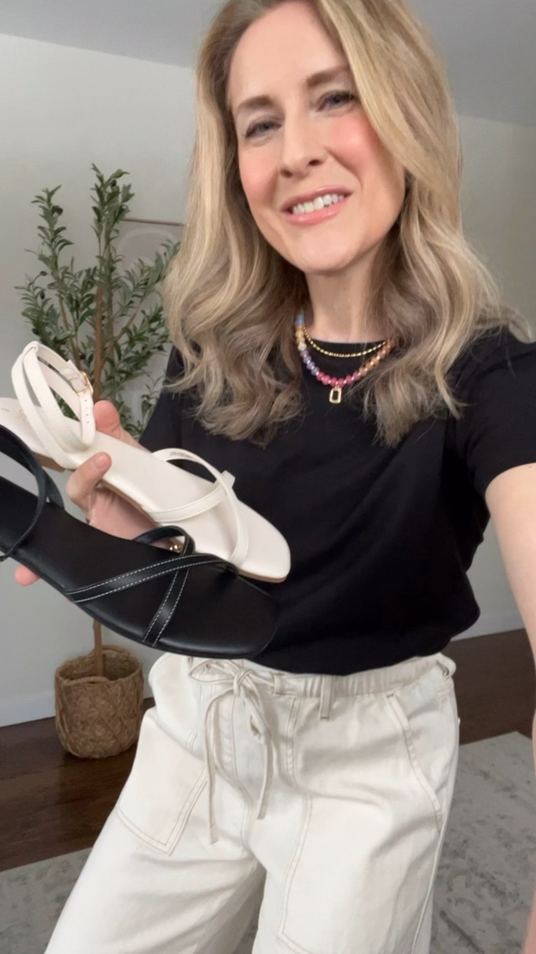 Walmart $15 ankle strap sandal, minimalist elegant style and comfy. If between size down. 