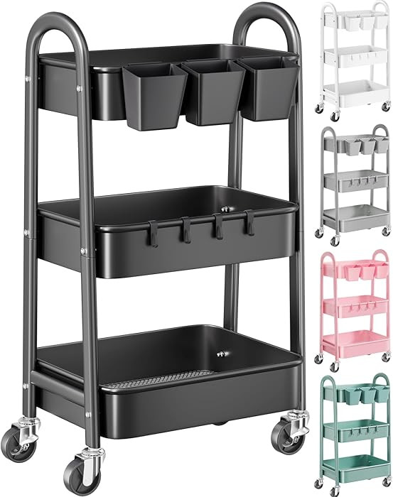 3 Tier Metal Rolling Cart with Lockable Wheels, Black Three Tiered Utility Storage Organizer Cart... | Amazon (US)