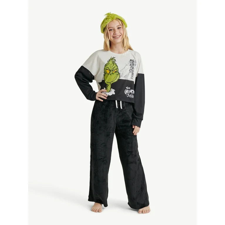 Justice Girls Grinch Long Sleeve Top and Wide Leg Pant with Grinch Headband, 3-Piece Pajama Set, ... | Walmart (US)