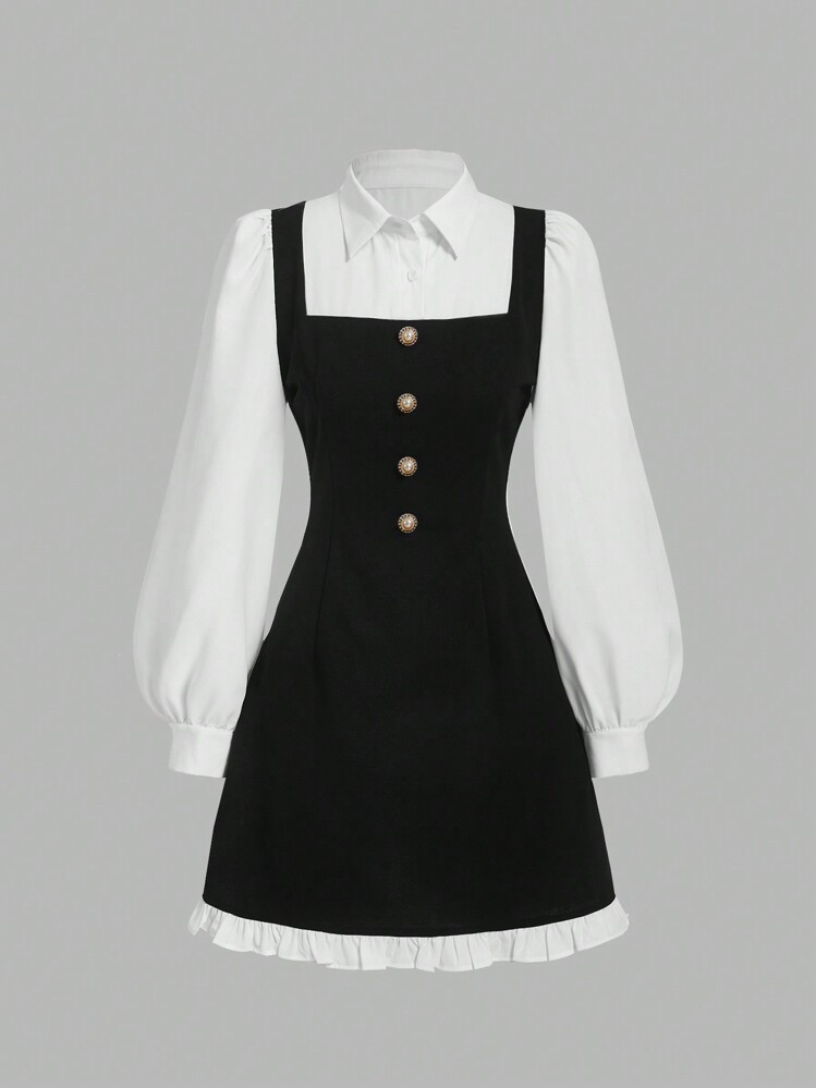 SHEIN MOD Plus Size Vintage Square Neck Ruffle Trim Long Sleeve Dress,Graduation Dress
Details
 | SHEIN