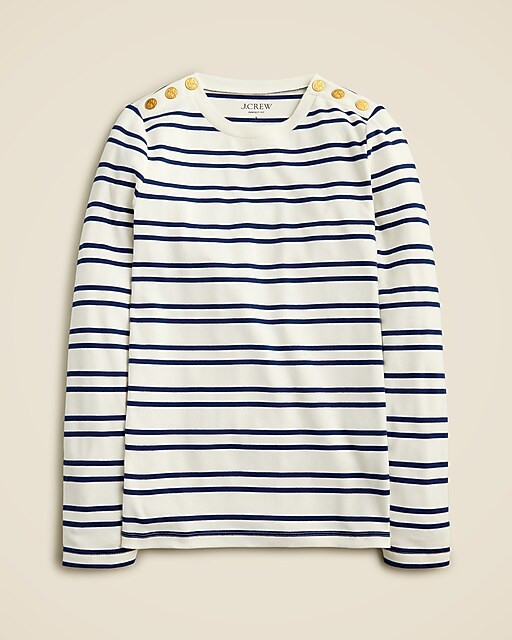 Perfect-fit long-sleeve crewneck T-shirt with lion buttons in stripe | J. Crew US