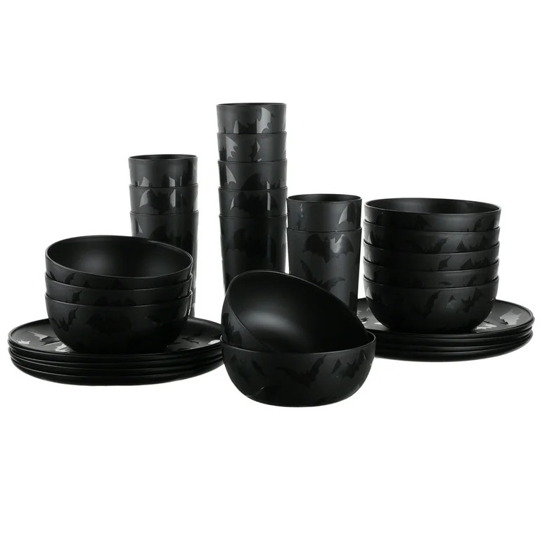 Mainstays 30-Piece Plastic Etched Halloween Bat Pattern Dinnerware Set, Black | Walmart (US)