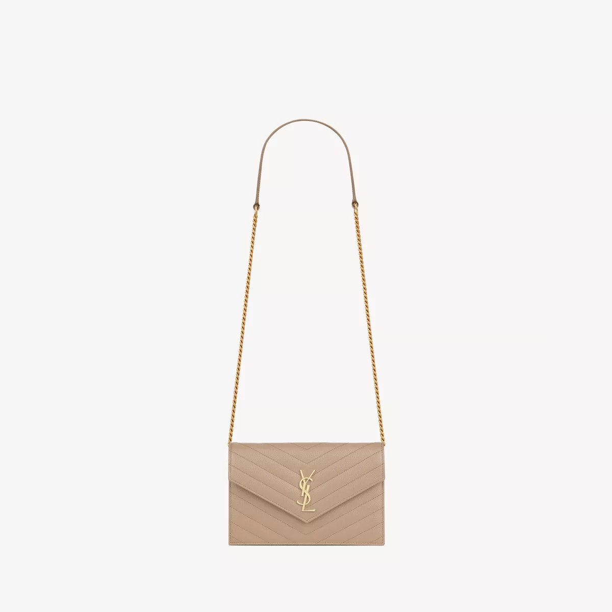 Cassandre Saint Laurent Matelassé Envelope Chain Wallet In Grain De Poudre Embossed Leather Beige On | Saint Laurent Inc. (Global)