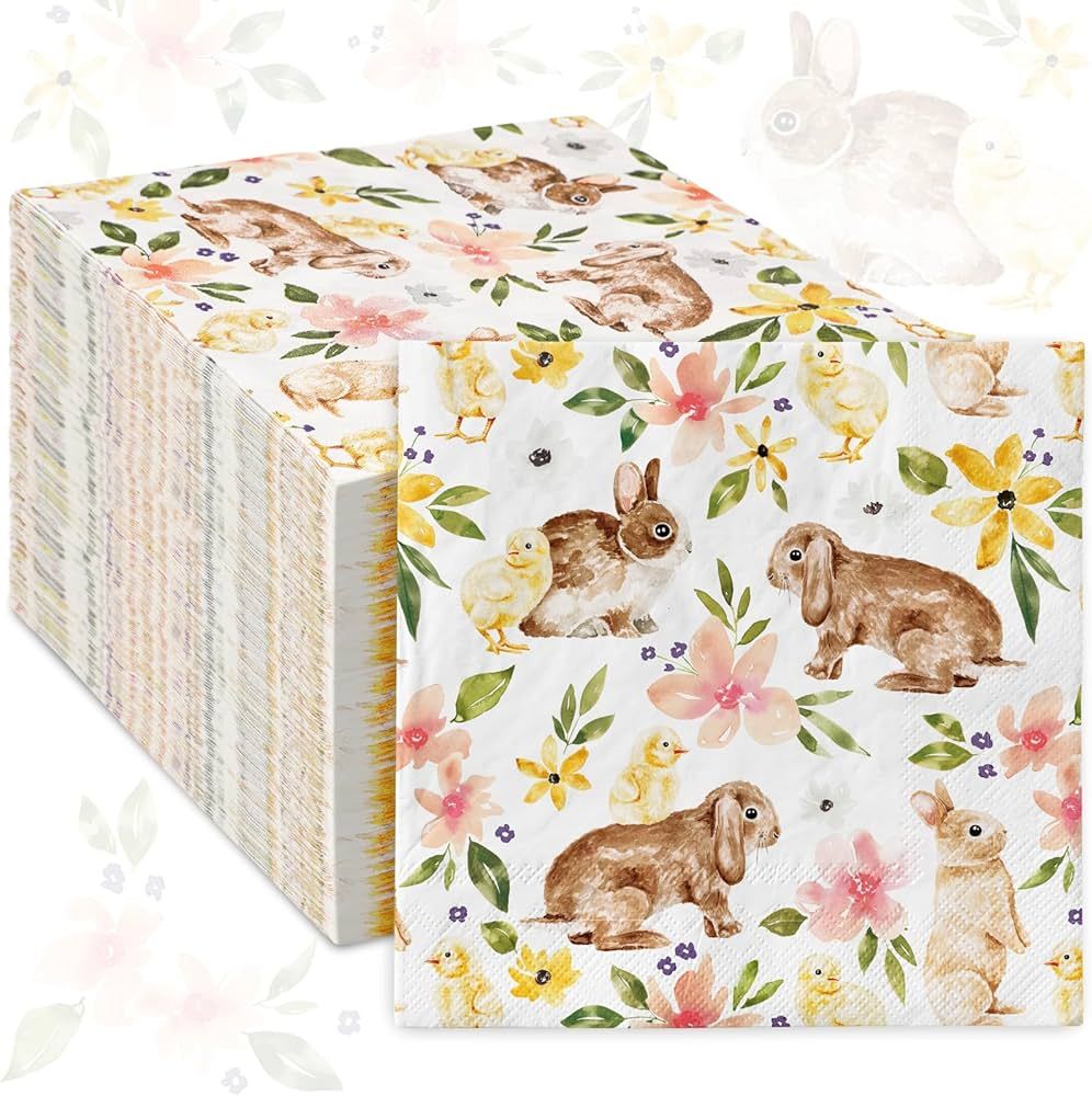 AnyDesign 80 Pack Easter Bunny Paper Napkin Boho Floral Rabbit Disposable Luncheon Napkins Waterc... | Amazon (US)