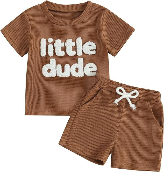 Embroidery Baby Boy Clothes Summer Short Sleeve Little Dude Print T-Shirt Tops Shorts Set Waffle ... | Amazon (US)
