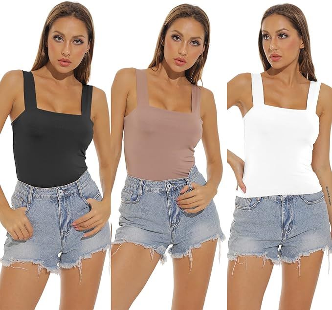 Amilia Women's Basic Solid Casual Wide Strap Tank Tops Double Layer Cami Crop Summer Shirts | Amazon (US)