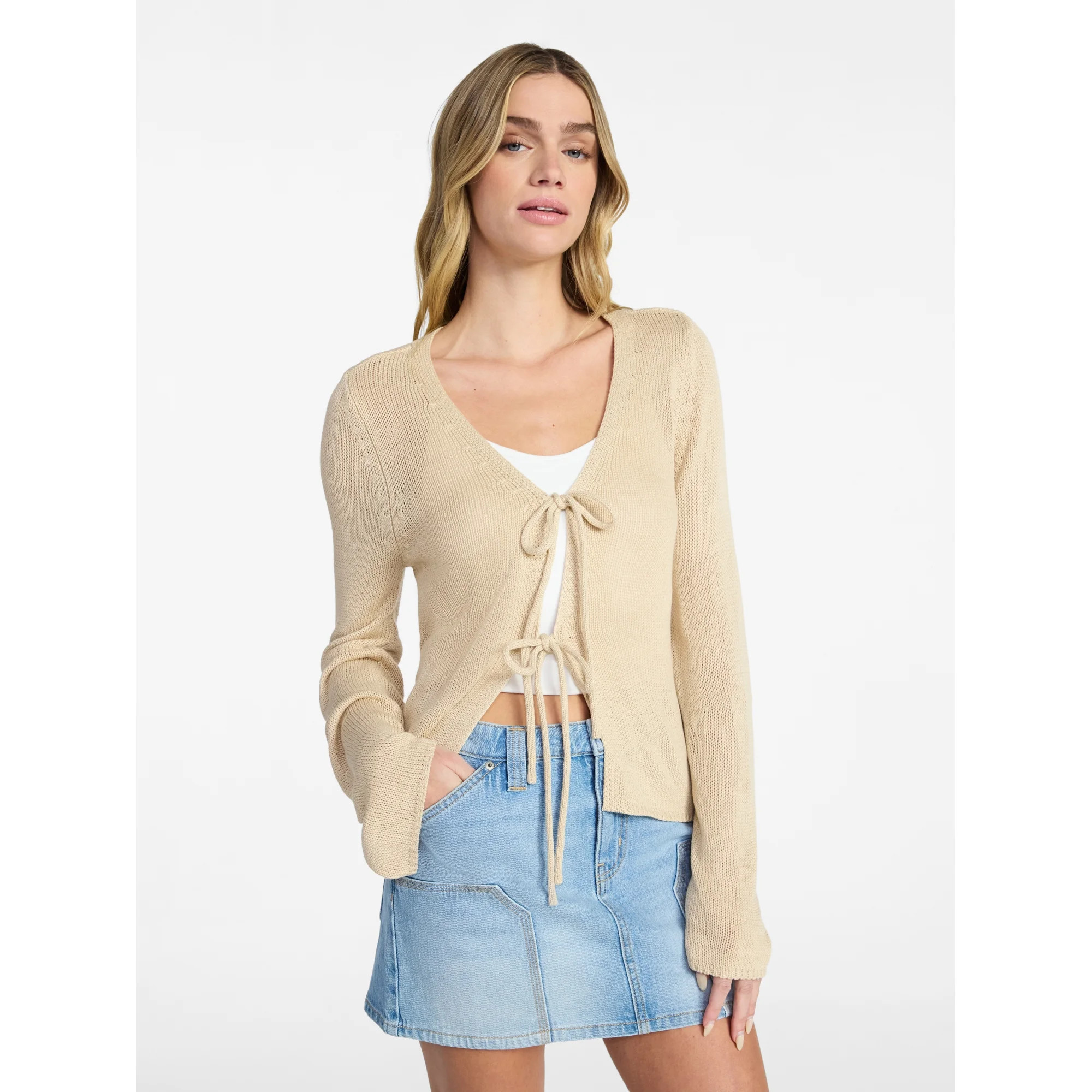 No Boundaries Tie Front V-Neck Cardigan with Bell Sleeves, Women's & Women's Plus XXS-4X | Walmart (US)