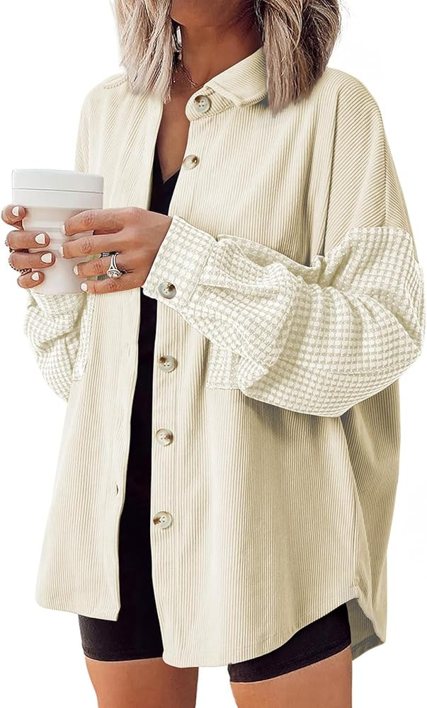 Astylish Womens 2024 Corduroy Shacket Color Block Waffle Jackets Casual Long Sleeve Button Down S... | Amazon (US)