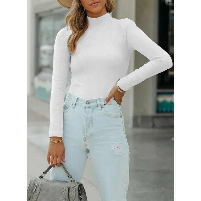 Vafful Women's Long Sleeve T Shirt Mock Neck Slim Tops for Womens Fitted Ribbed Pullovers Tee Top... | Walmart (US)