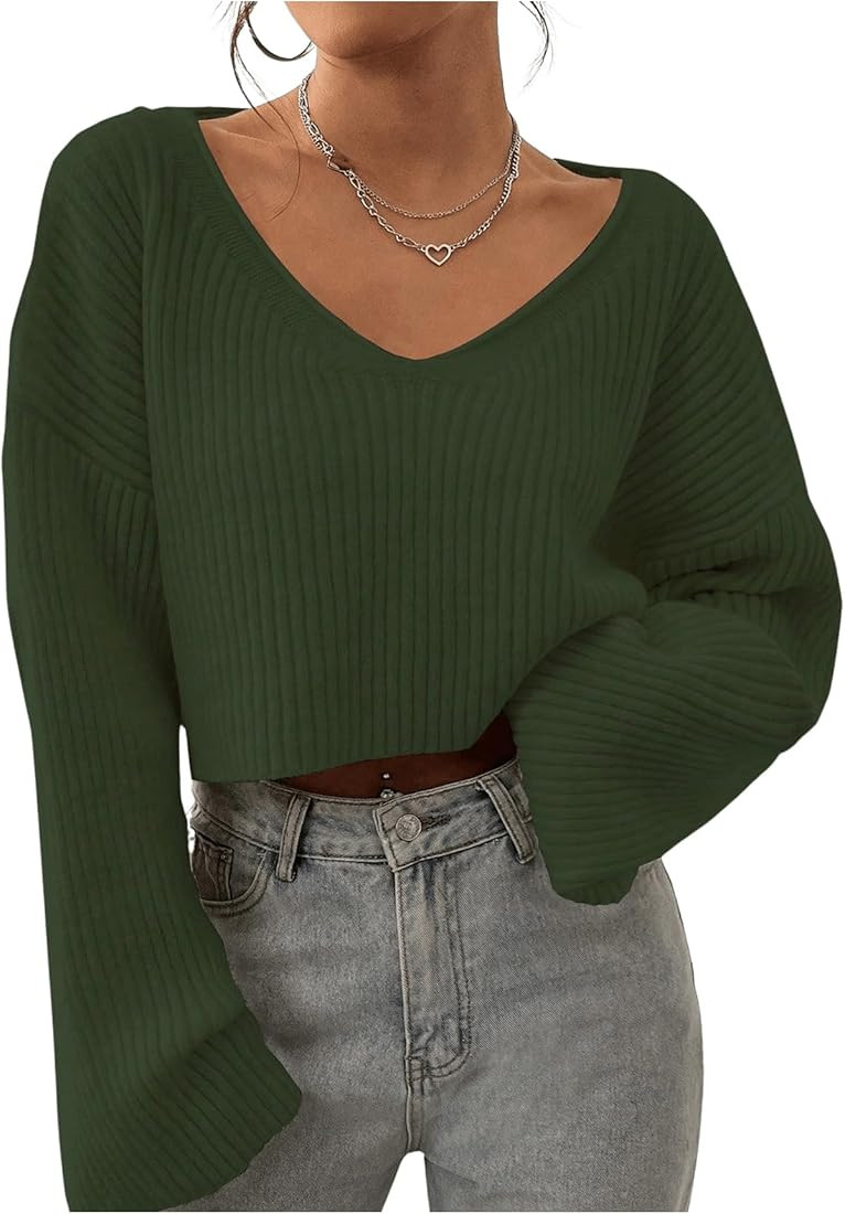 MakeMeChic Women's Solid Drop Shoulder Cropped Sweater Ribbed Knit V Neck Long Sleeve Pullover Ca... | Amazon (US)
