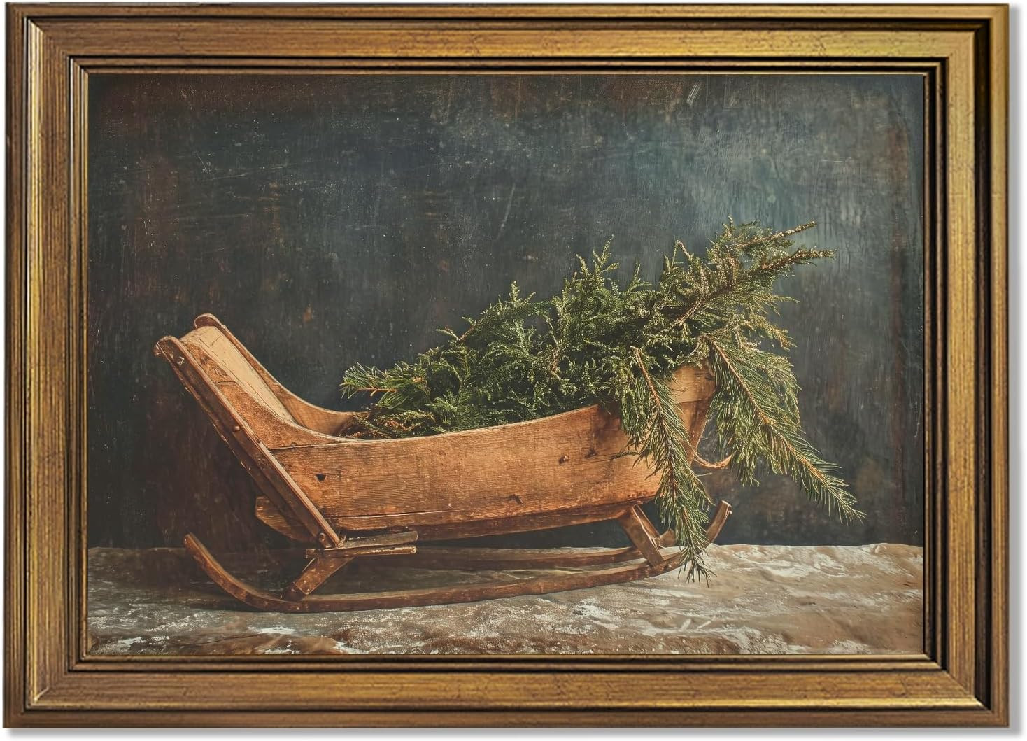 KJMVSEW Vintage Gold Frame Christmas Sled Wall Art Wooden Sleigh with Evergreen Branches Canvas Print Poster Moody Neutral Rustic Farmhouse Christmas Pictures Wall Decor for Living Room 8x10inch | Amazon (US)