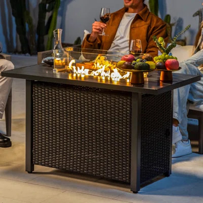 Werph 30'' H x 43'' W Outdoor Gas Fire Pits Table for Patio, Wicker Fire Pit Table for Outside, Black | Wayfair North America