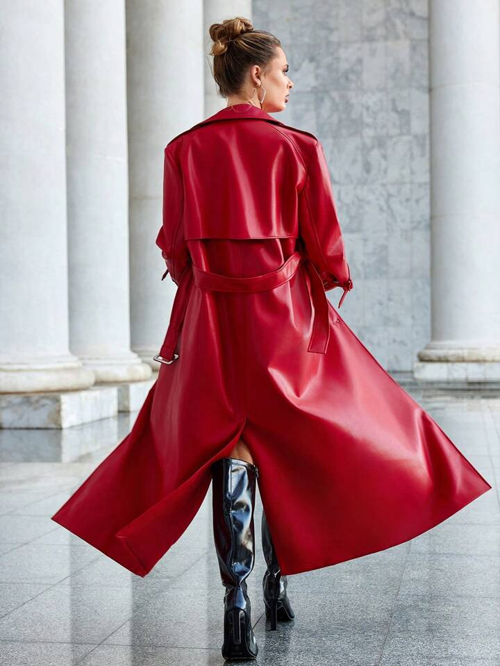 Anewsta Double Breasted Pu Leather Jacket With Pointed Lapel Collar | SHEIN