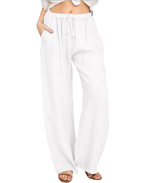 CHARTOU Women's Summer Drawstring Waist Wide Leg Loose Cotton Linen Palazzo Pants | Amazon (US)